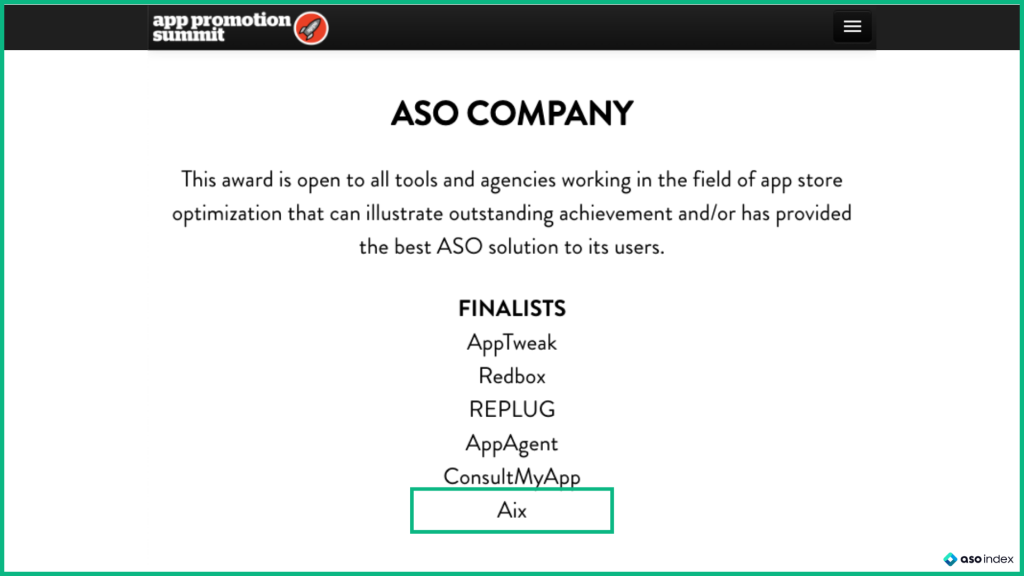 ASO Company Nominees: Moloco, Airship, AppsFlyer, data.ai, Phiture, Yodel Mobile, AppTweak, aix
