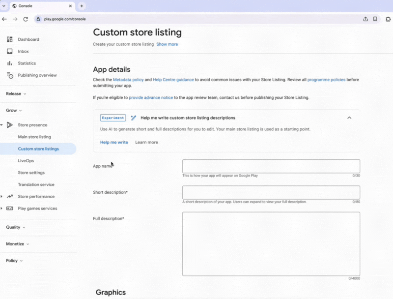 The experimental AI helper within Google Play Console